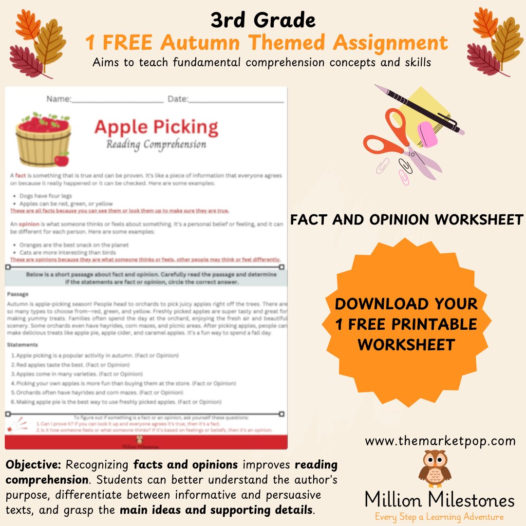 Free Printable - 3rd Grade Autumn Themed Worksheet - Apple Picking - The Market Pop LLC